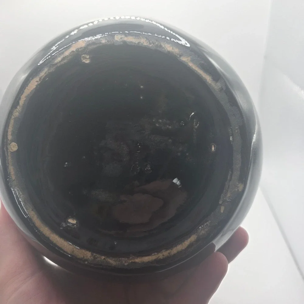 Vintage Camark Art Pottery Black Glossy Spherical Round Jug Single Handle Spout